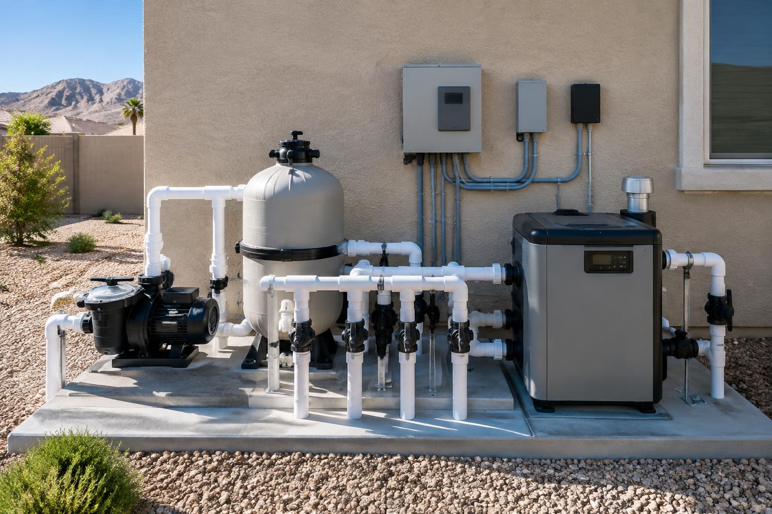 Professionally arranged pool pump, filter, heater, valves and automation equipment