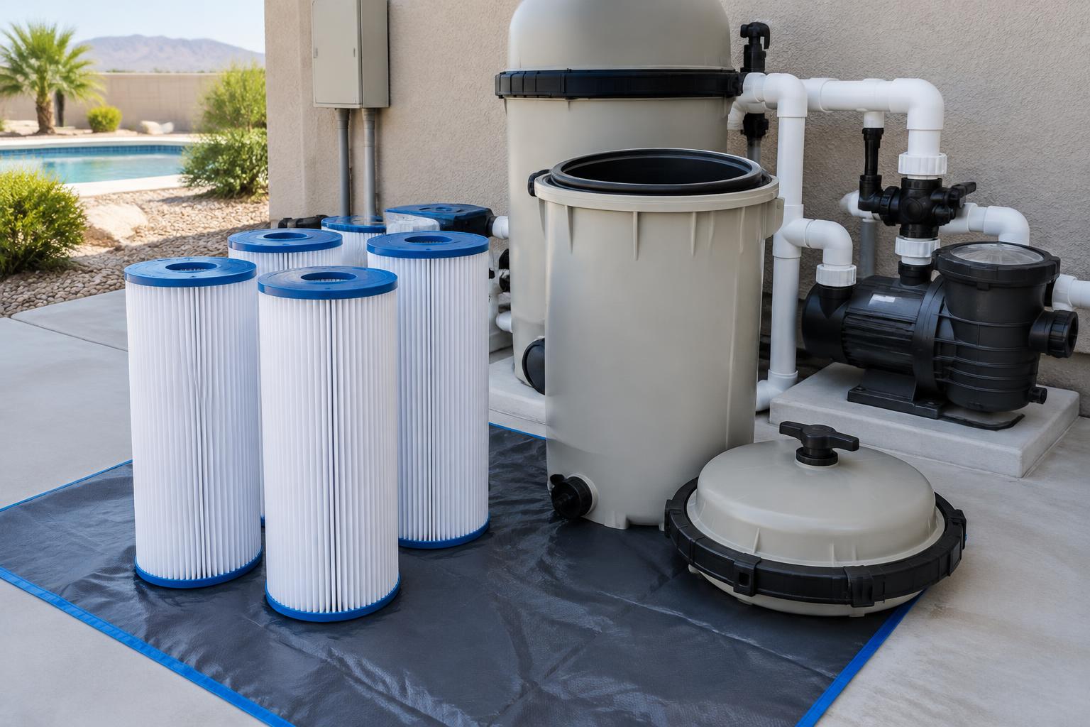 Clean cartridge filter service with pleated filter elements removed for maintenance