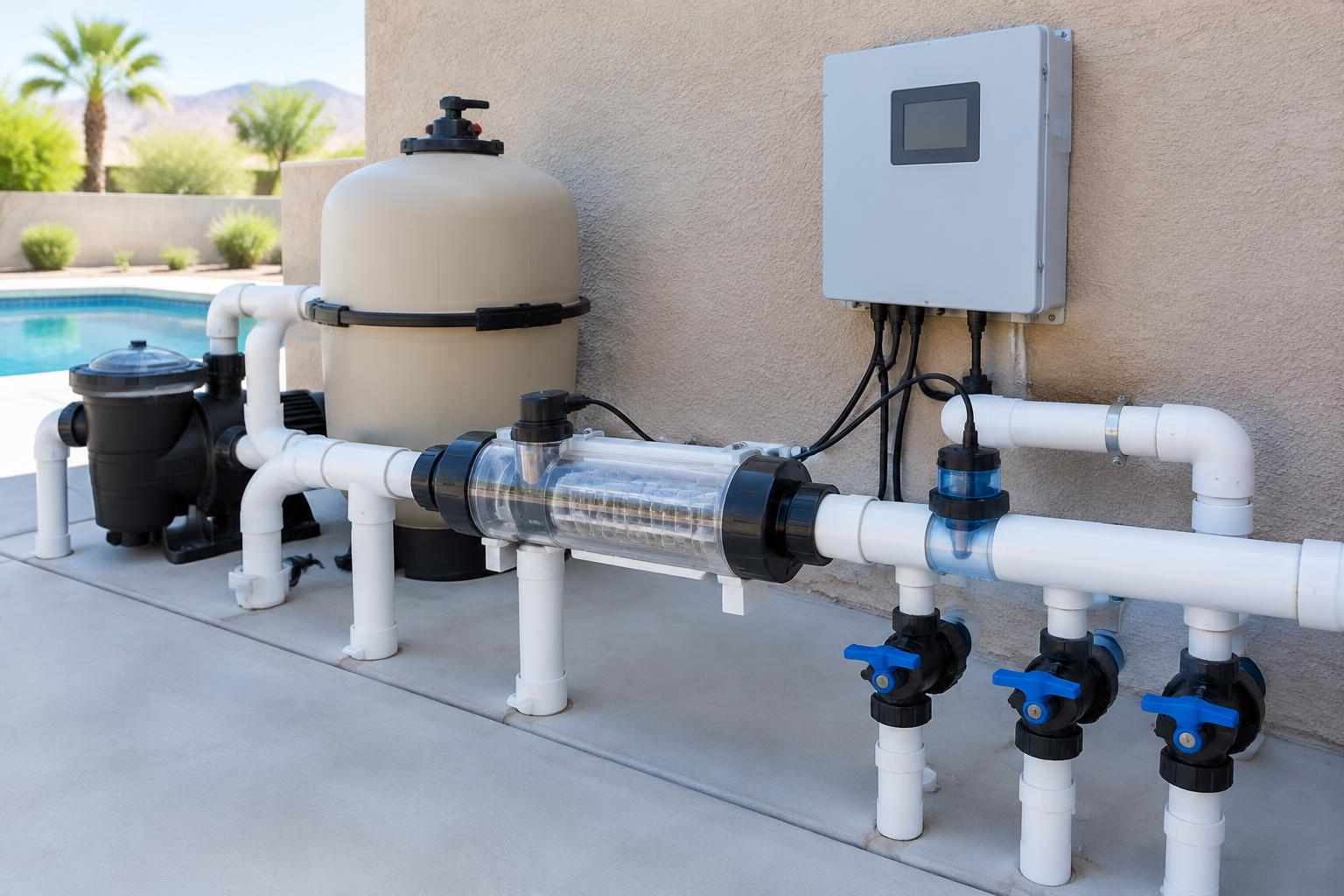 Clean salt chlorine generator cell, controls and organized pool plumbing